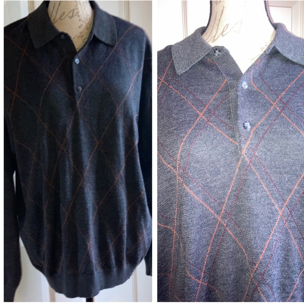 Oliver Harris Mens Merino Wool Blend Collared Argyle Sweater Grey Medium